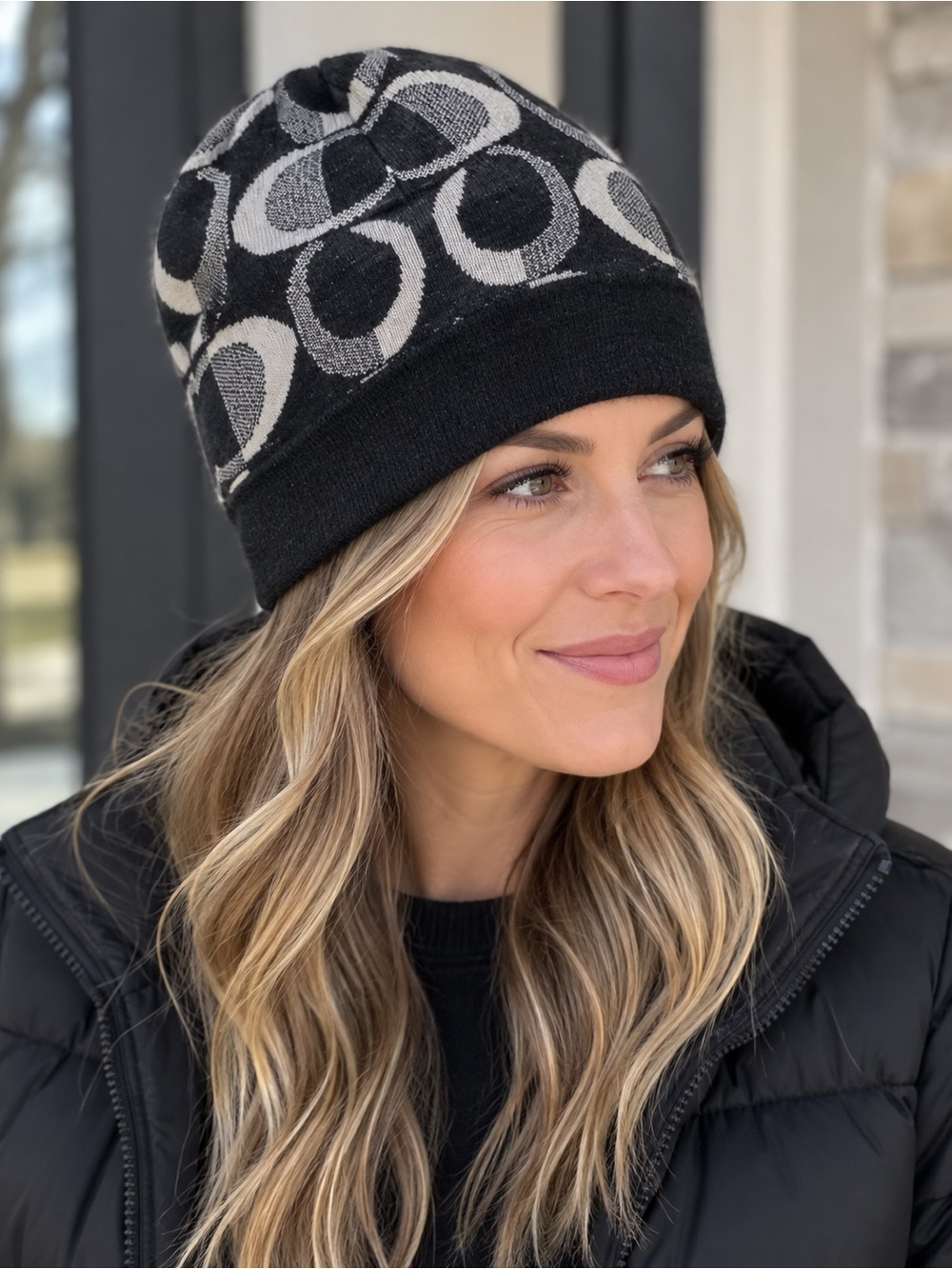 Coach Black and White Logo Knit Beanie